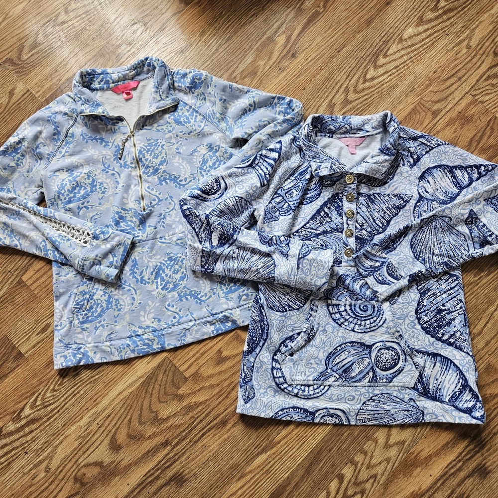 2 Lilly Pulitzer S Blue White Floral Collared Button Long Sleeve Pullover Top